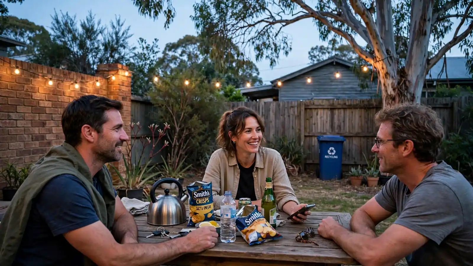 Friends gathered in an Australian backyard at dusk, one holding a phone with screen turned away.
