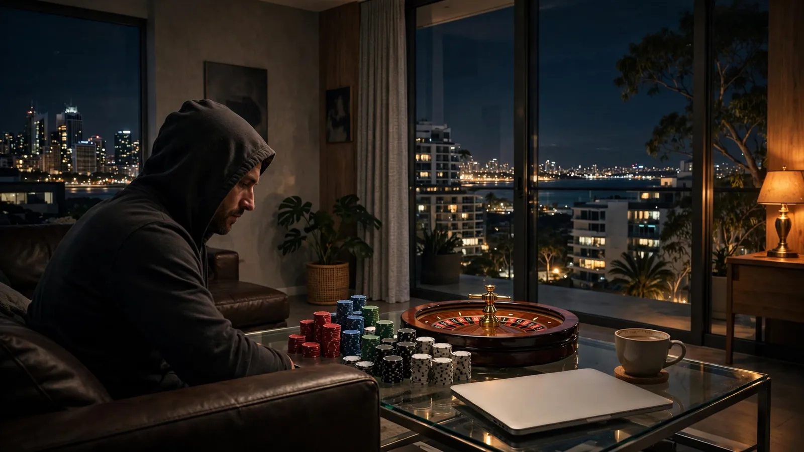 Hooded figure in modern Australian apartment with chips and roulette wheel