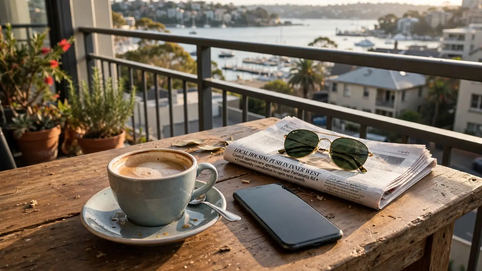 Sydney balcony table with coffee, sunglasses and a phone at sunset