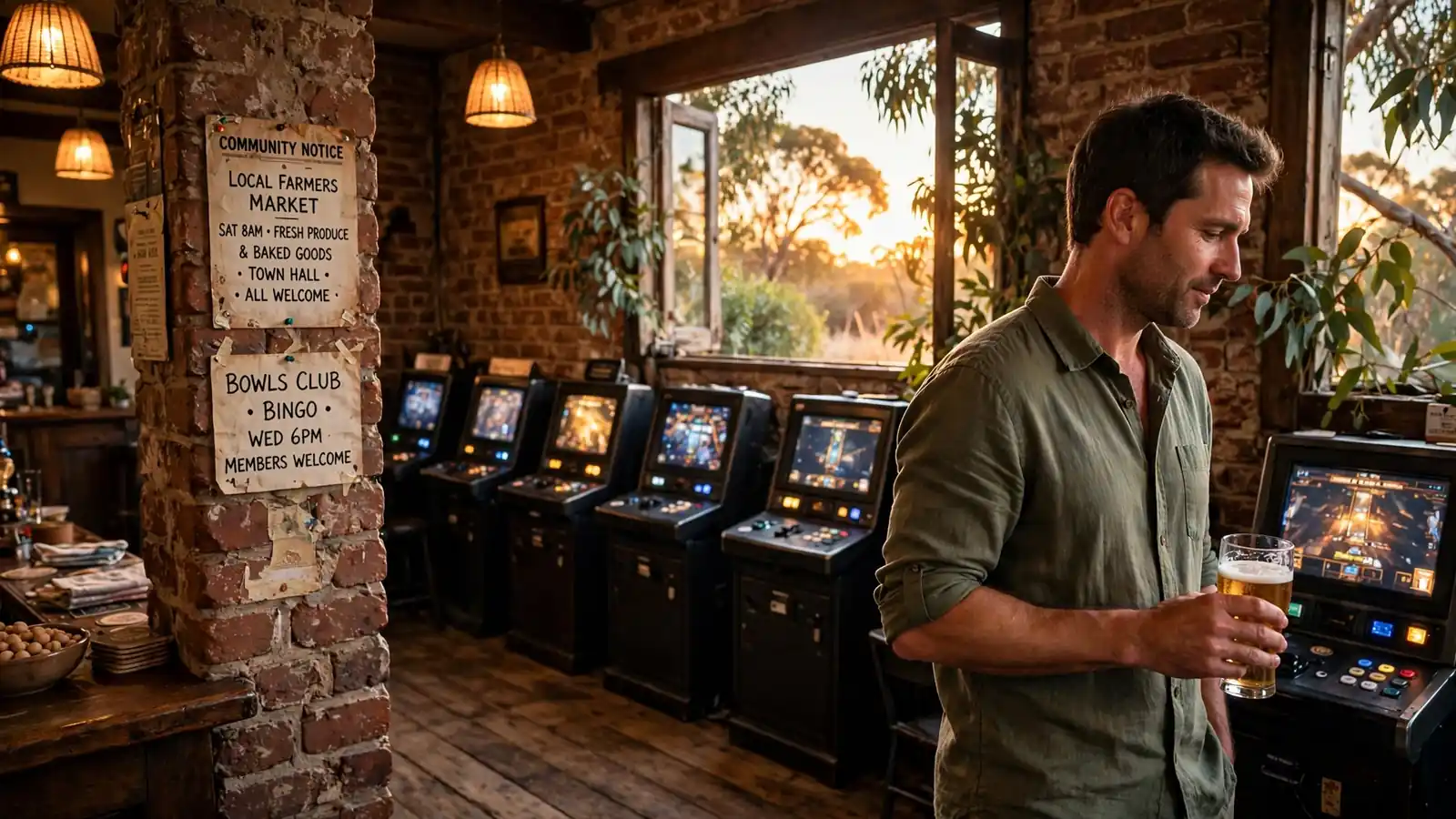 Australian pub interior with a row of pokie machines and a patron holding a beer.