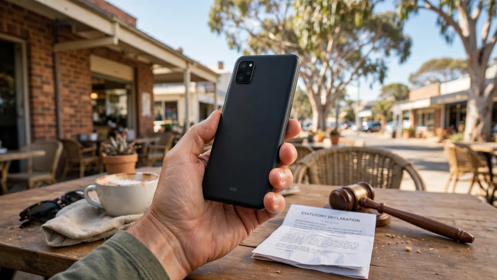 Hand holding an Android smartphone at an Australian outdoor café with a legal document nearby.