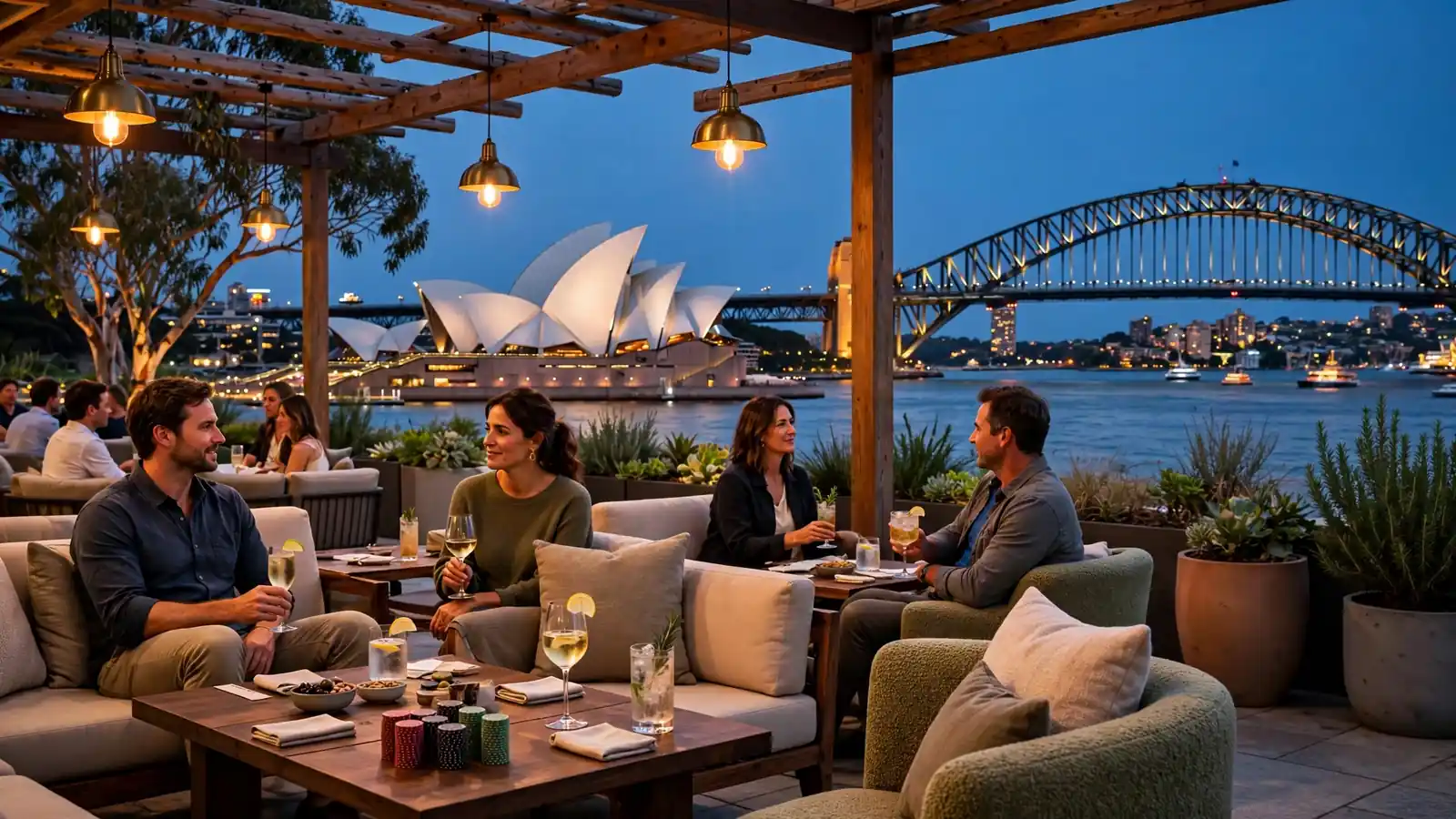 Sydney harbour skyline at dusk with a sophisticated lounge terrace and casino chips