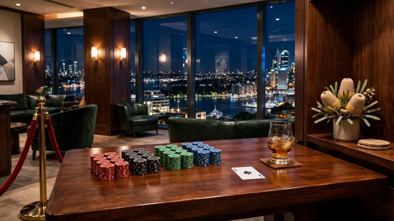 Exclusive high-roller casino lounge in Sydney at night with chips and city view.