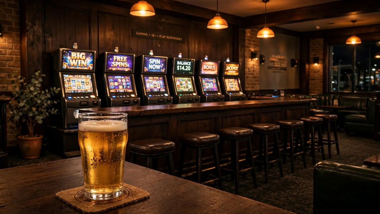 Quiet Perth pub gaming lounge with glowing pokie machines at night.