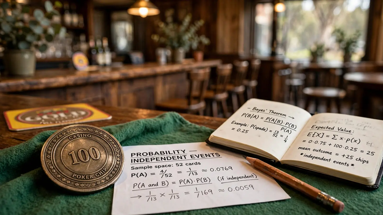 Casino chip on felt with handwritten RTP math notes at an Australian bar.