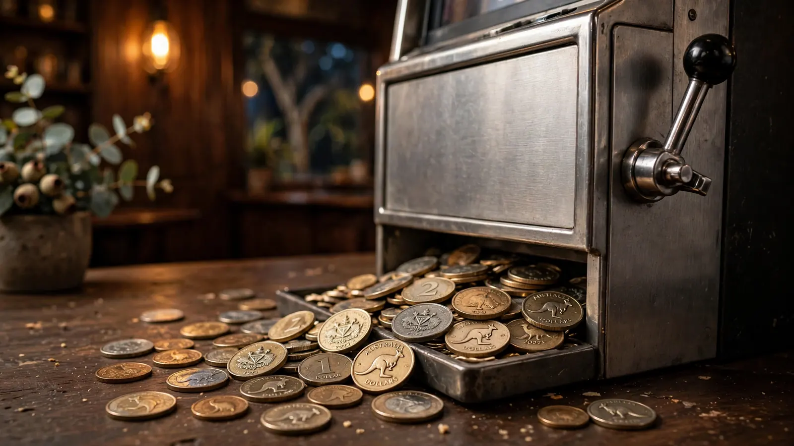 Slot machine lever with Australian coins in a dim pub