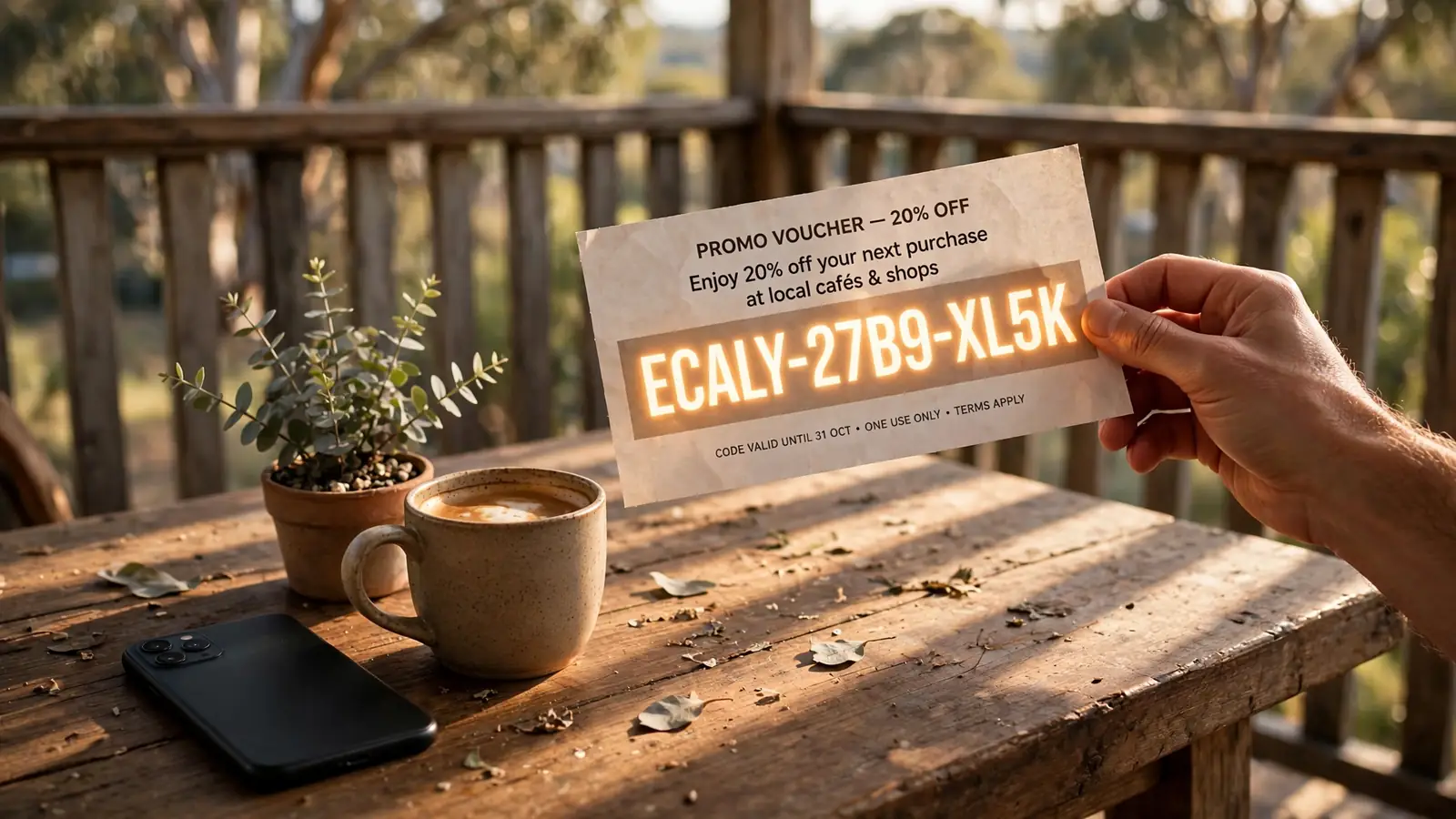 Hand holding a promo code voucher on a sunlit Australian veranda table
