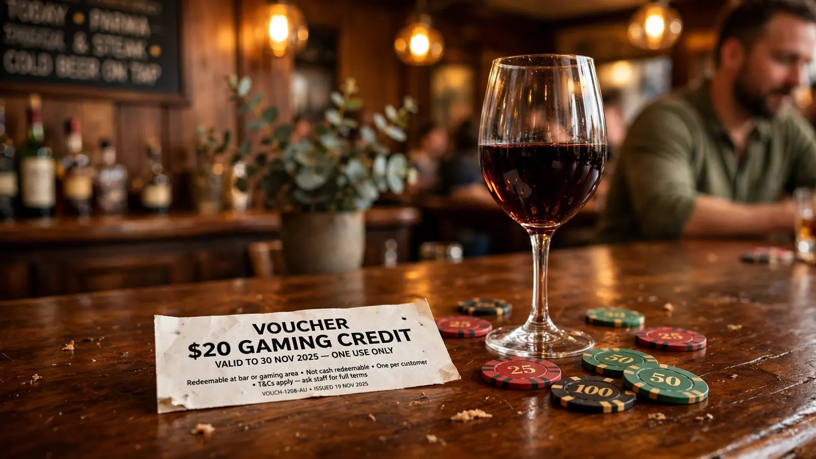 Printed promo voucher on a bar counter next to wine and casino chips.