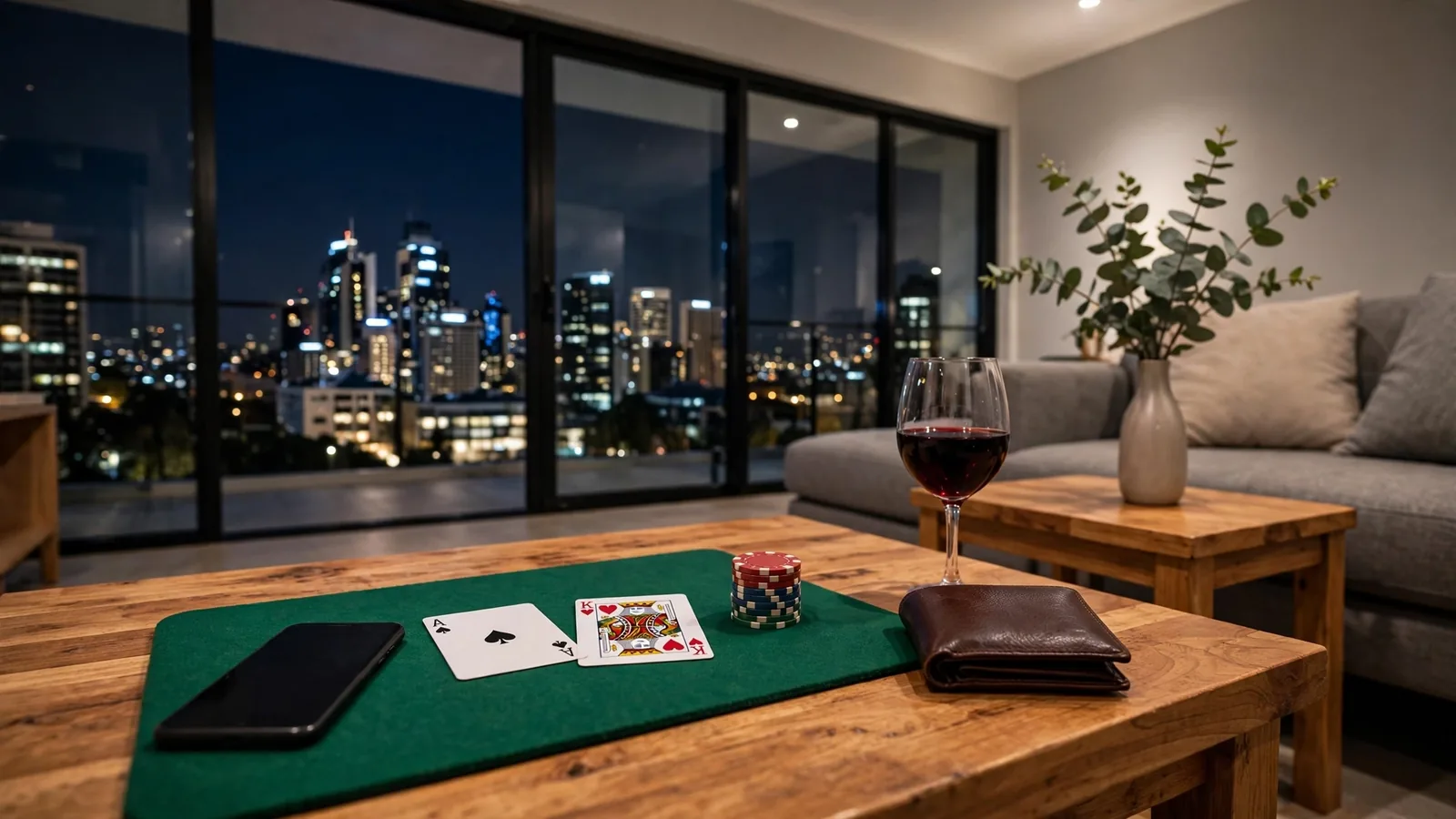 Smartphone, casino chips, cards and wallet on a table in a modern Australian apartment at night