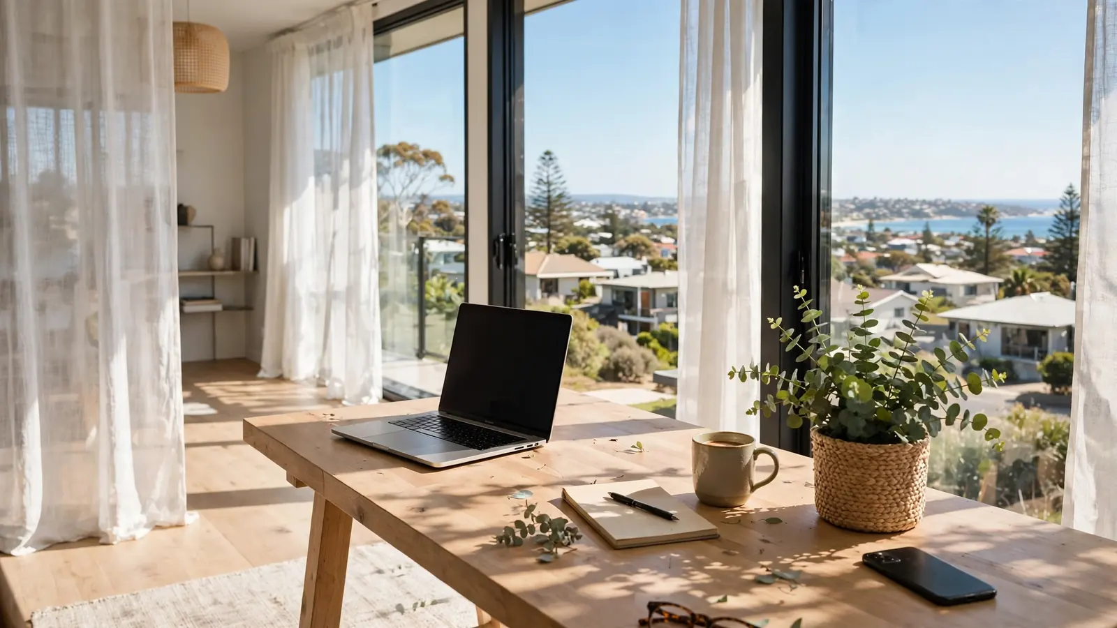 Sunlit Australian home office with laptop, notebook, and eucalyptus plant on a wooden desk.