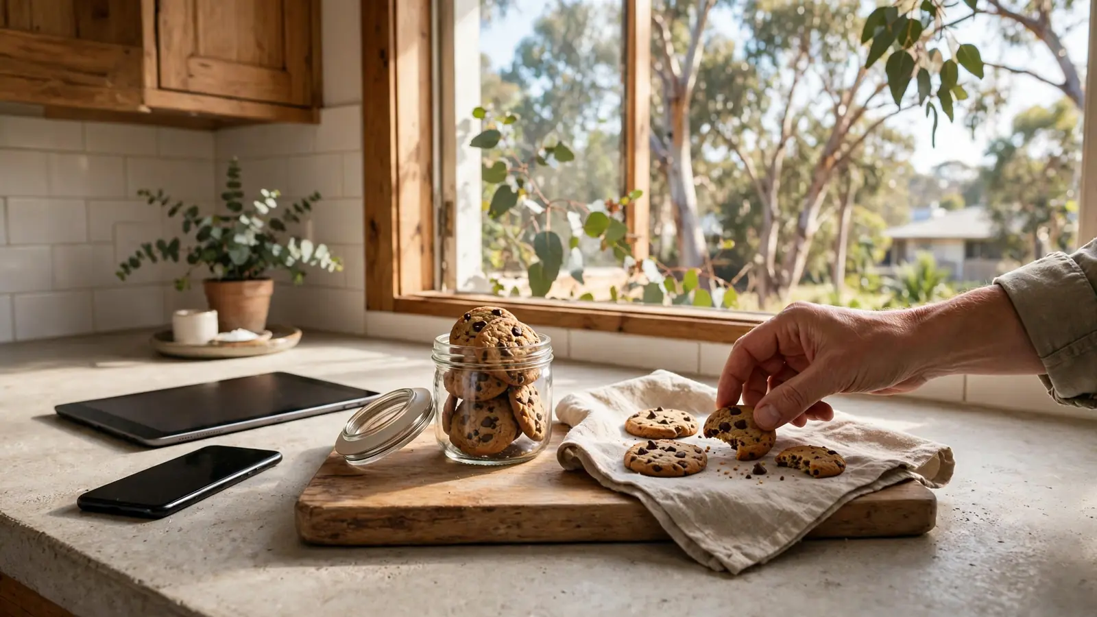 Chocolate chip cookies in a glass jar on a wooden kitchen counter with a hand reaching for one, devices nearby.