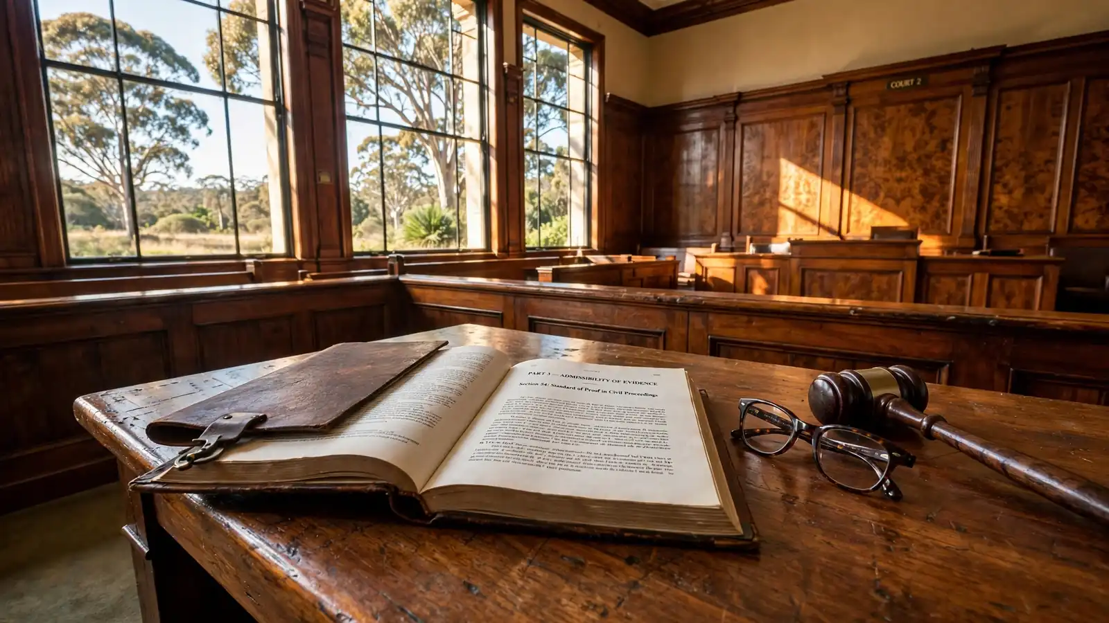 Australian legal chamber with law book, glasses and gavel on desk