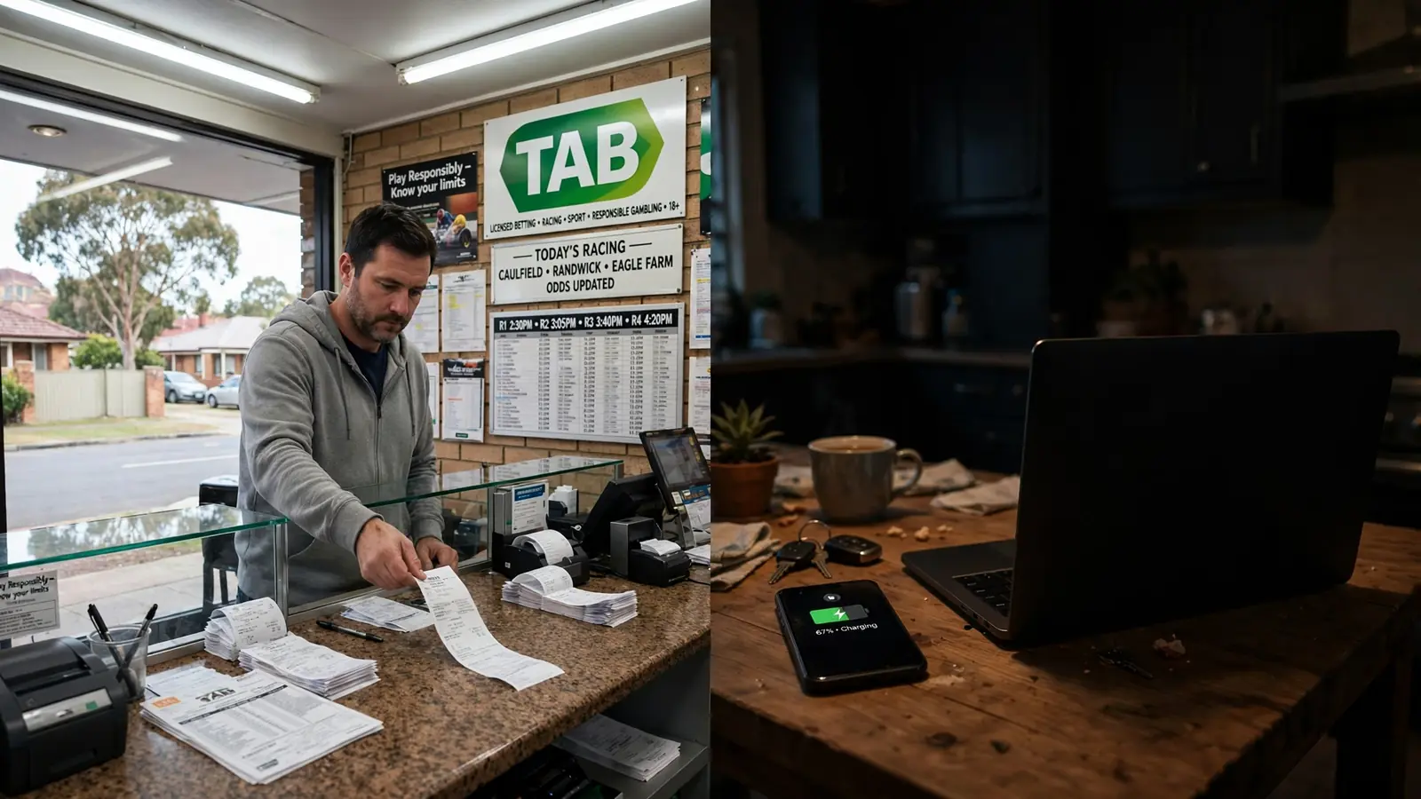 Split Australian scene contrasting a TAB betting shop with a closed laptop and phone