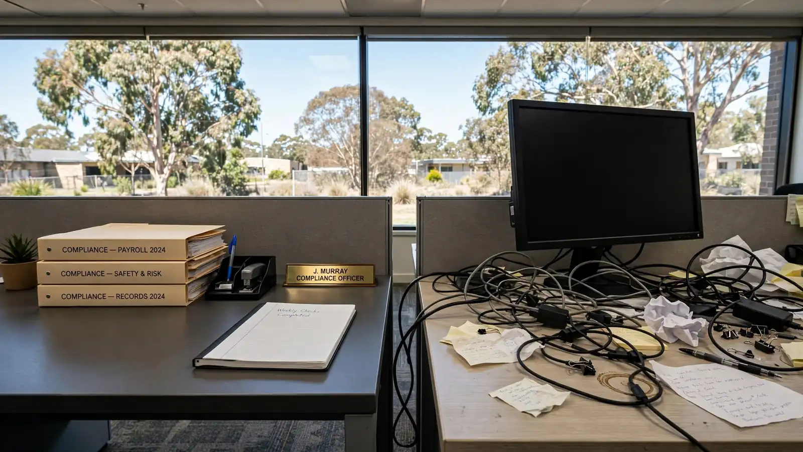 Two contrasting office desks showing provider versus player responsibility