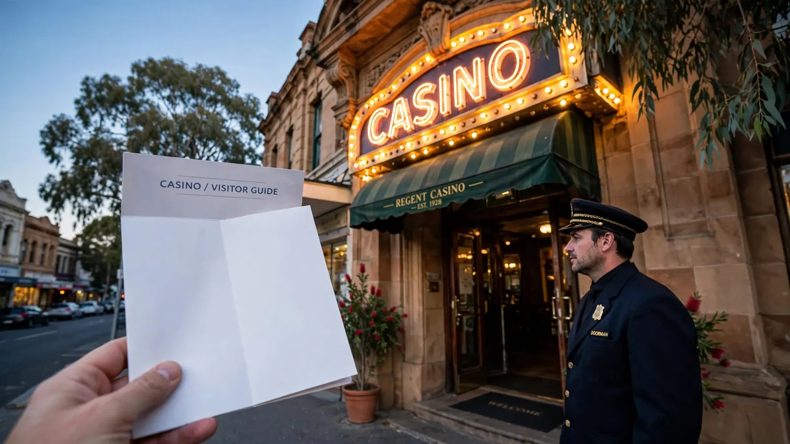 Traditional Australian casino entrance beside a blank paper brochure
