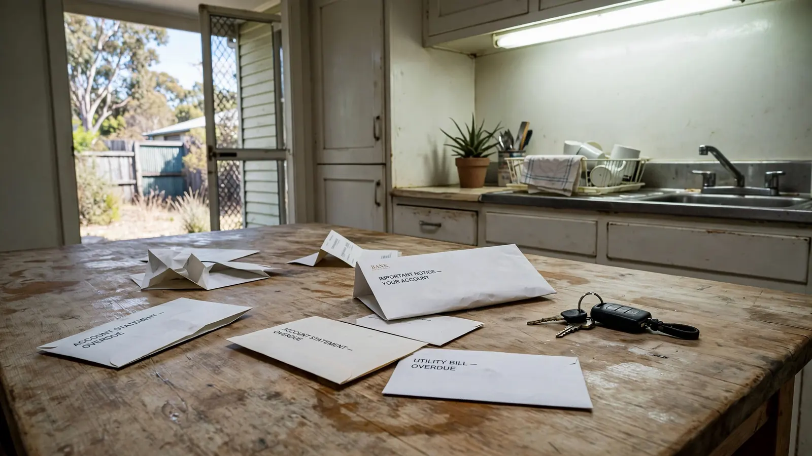 Empty Australian kitchen table covered with bills and a bank letter