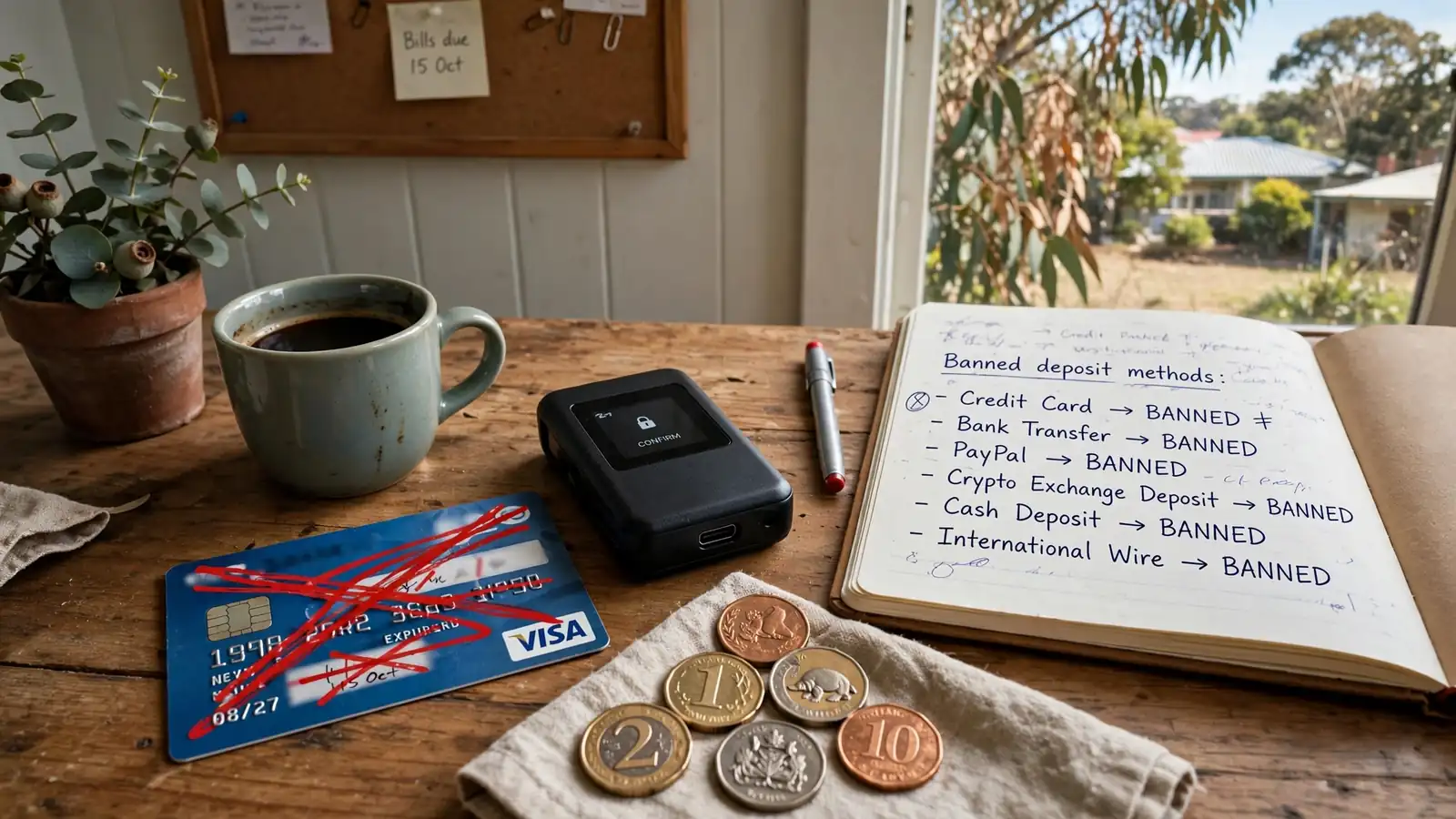 Australian desk with a crossed-out credit card, hardware wallet and notebook