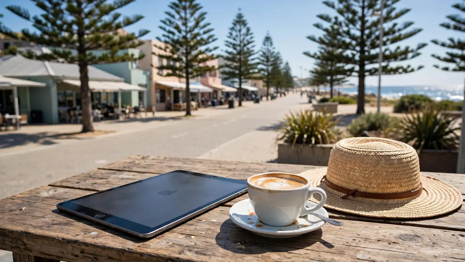 iPad on a sunny Australian coastal cafe table with ocean promenade