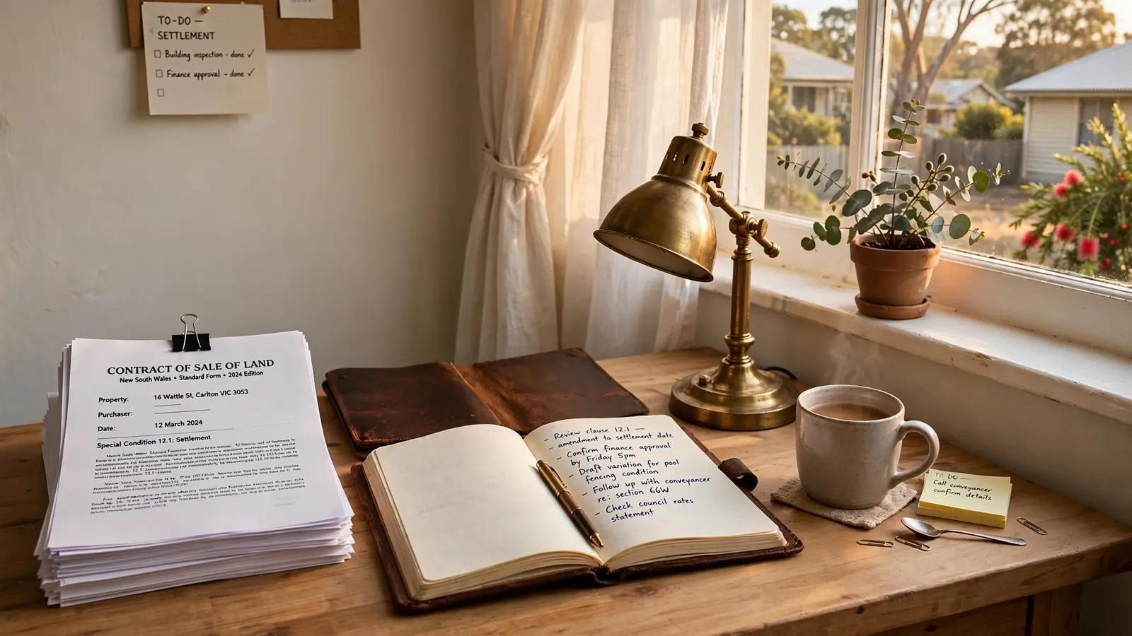 Australian home office desk with legal documents, notebook, eucalyptus branch, and warm afternoon sunlight.