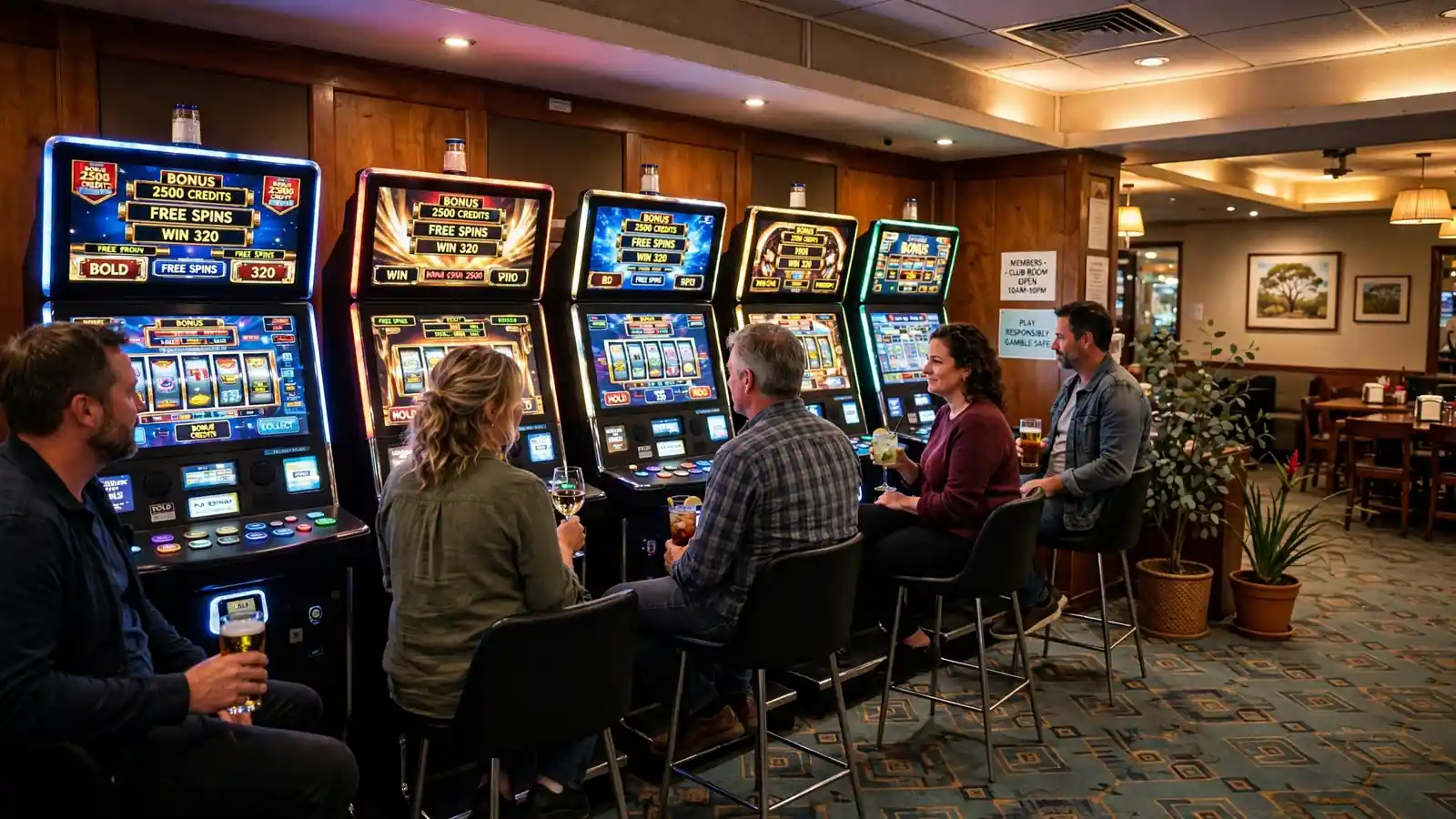 Row of electronic pokie machines in an Australian club gaming lounge