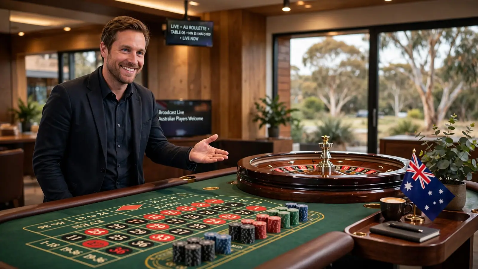 Live roulette studio with English-speaking dealer and Australian flag