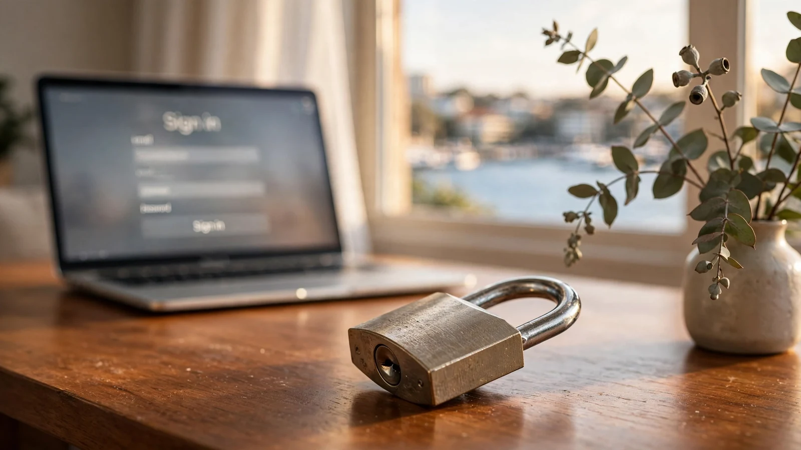 Padlock on desk beside laptop in sunlit Australian home office