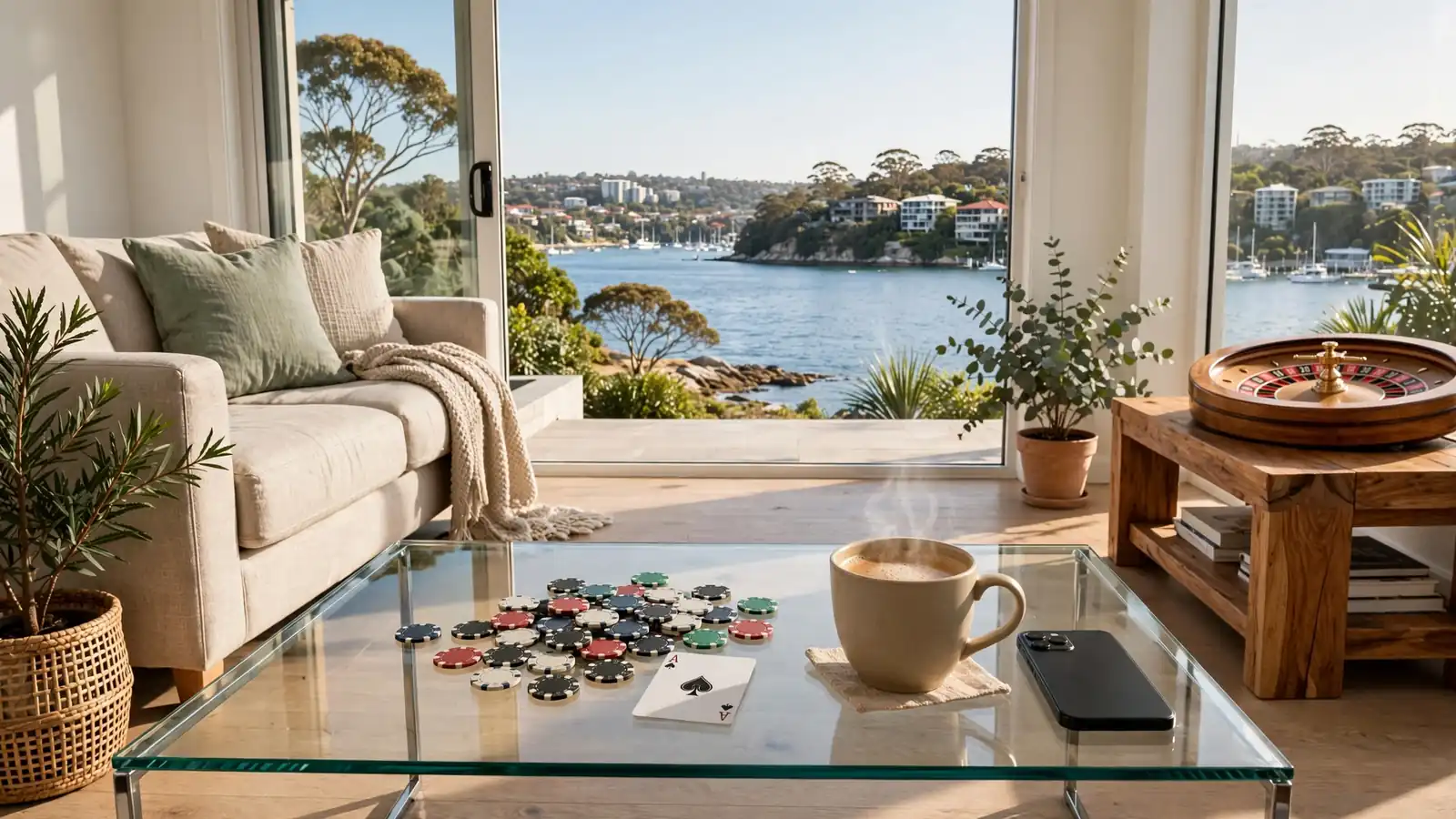 Australian home lounge with poker chips, roulette wheel, and harbour view through window