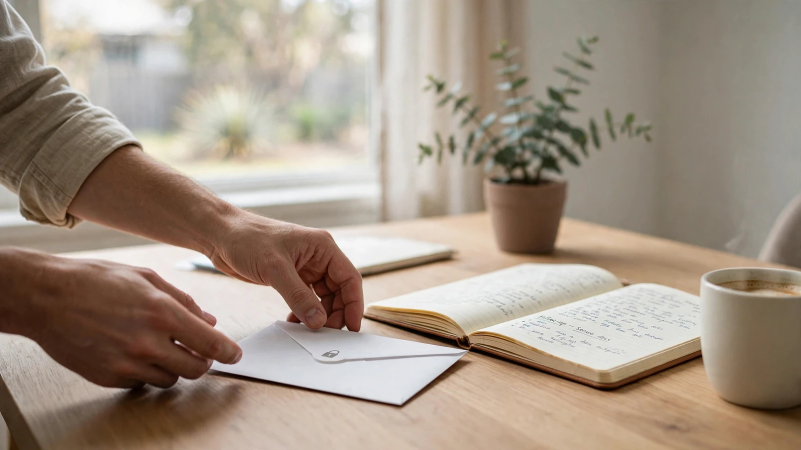 Hands placing a sealed envelope with a padlock icon on a desk with a notebook and coffee mug.
