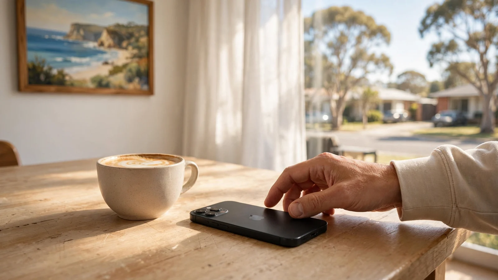 Smartphone on table in sunlit Australian apartment with eucalyptus view
