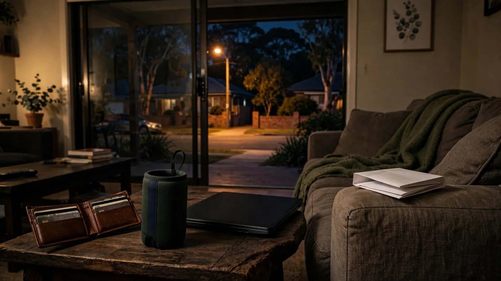 Australian suburban lounge with closed laptop, regulatory paperwork, and quiet night street outside.