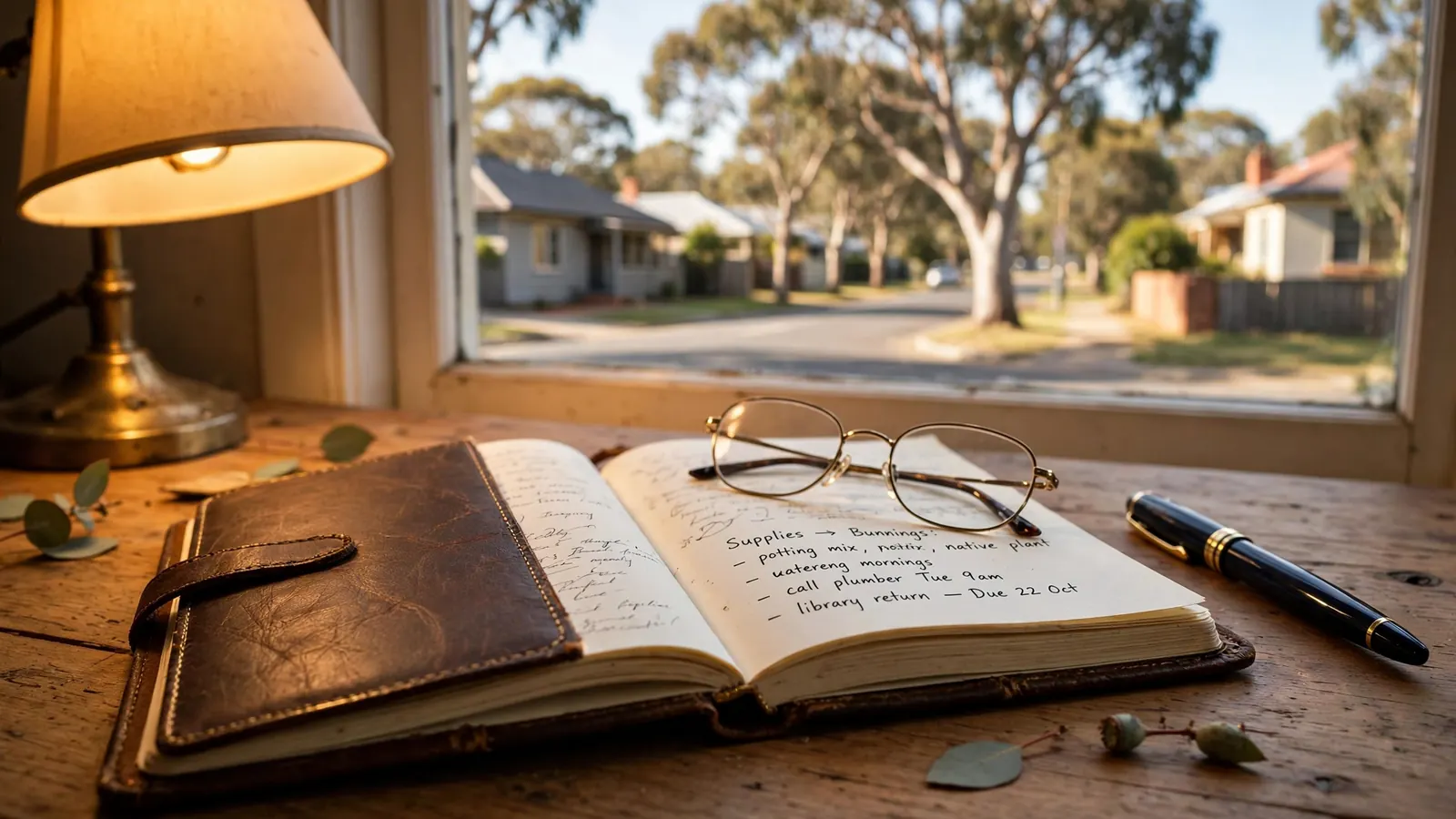 Open notebook with pen and glasses on a wooden desk, warm lamp light, Australian suburban view in background.
